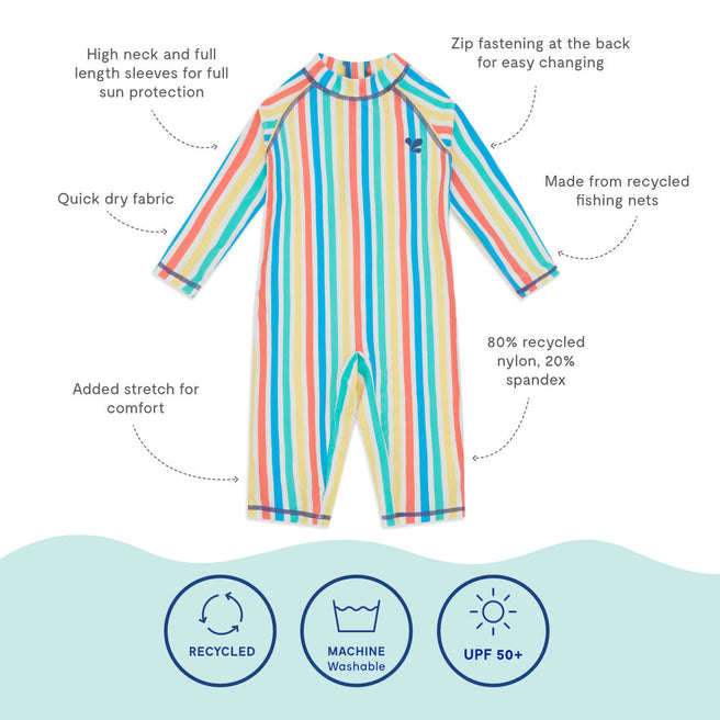 UV Protective Surf Suit Multi Stripe, a colourful striped one-piece swimsuit with long sleeves and sun protection details.